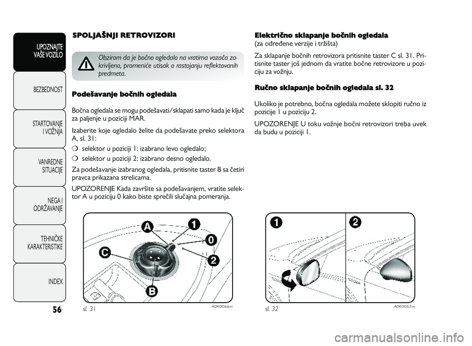 Alfa Romeo Giulietta 2011  Knjižica za upotrebu i održavanje (in Serbian) 56
UPOZNAJTE
VAXE VOZILO
BEZ BED N O ST
ST A RT O VA N JE
I   V O YN JA
V A N RED N E 
SIT U AC IJE
N EG A I
O DRY AVA N JE
T EH N I] KE
KA RA KTER IS T IK E
IN DEX
ElektriVno sklapanje boVnih ogledal
