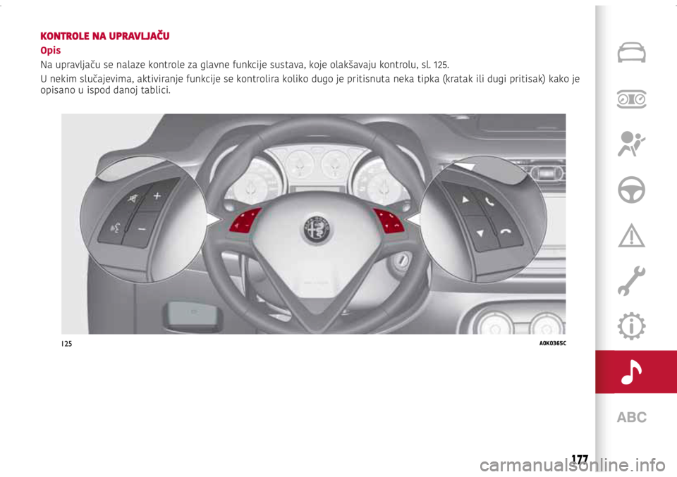 Alfa Romeo Giulietta 2021  Knjižica s uputama za uporabu i održavanje (in Croatian) 125A0K0365C
177
KONTROLE NA UPRAVLJAČU
Opis
Na upravljaču se nalaze kontrole za glavne funkcije sustava, koje olakšavaju kontrolu, sl. 125. 
U nekim slučajevima, aktiviranje funkcije se kontrolira