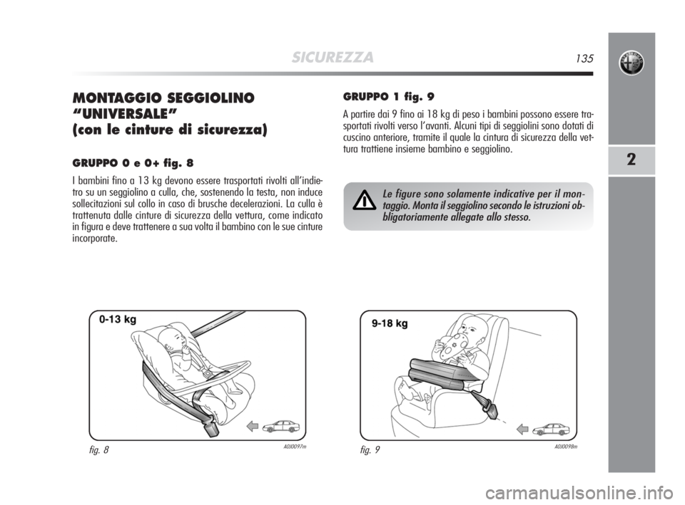Alfa Romeo MiTo 2008  Libretto Uso Manutenzione (in Italian) SICUREZZA135
2
MONTAGGIO SEGGIOLINO
“UNIVERSALE”
(con le cinture di sicurezza)
GRUPPO 0 e 0+ fig. 8
I bambini fino a 13 kg devono essere trasportati rivolti all’indie-
tro su un seggiolino a cul