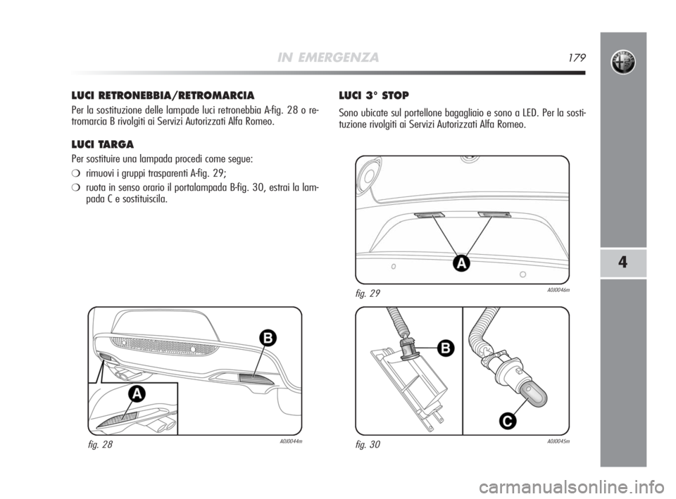 Alfa Romeo MiTo 2008  Libretto Uso Manutenzione (in Italian) IN EMERGENZA179
4
LUCI RETRONEBBIA/RETROMARCIA
Per la sostituzione delle lampade luci retronebbia A-fig. 28 o re-
tromarcia B rivolgiti ai Servizi Autorizzati Alfa Romeo.
LUCI TARGA
Per sostituire una