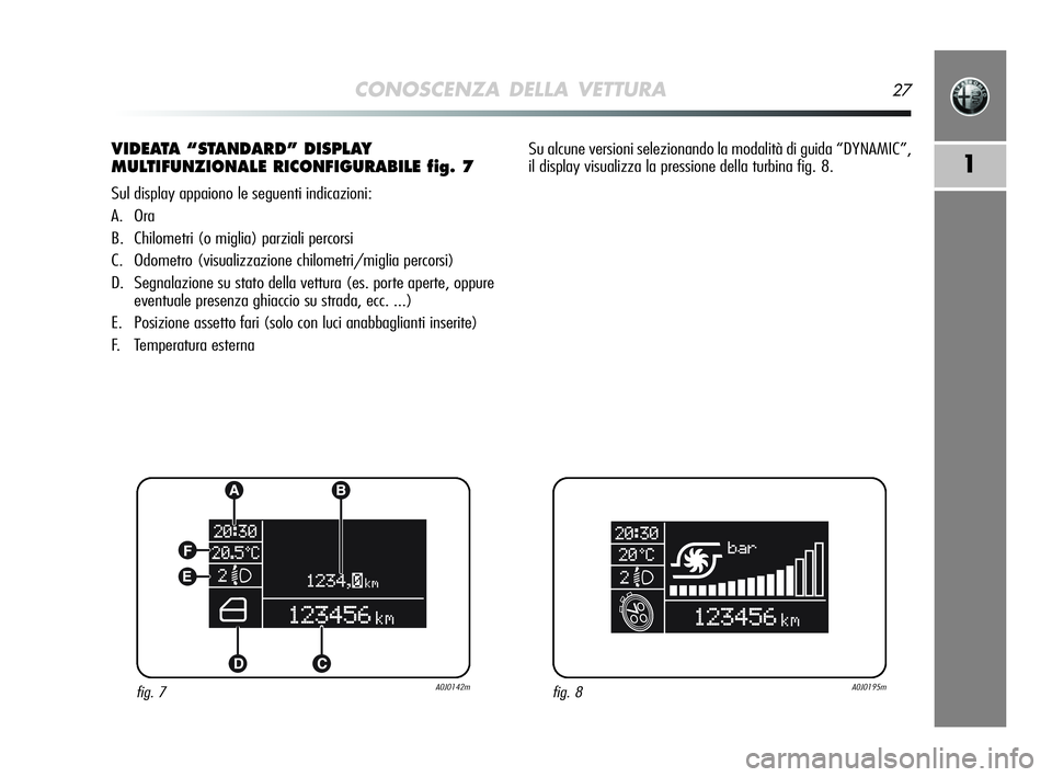 Alfa Romeo MiTo 2009  Libretto Uso Manutenzione (in Italian) CONOSCENZA DELLA VETTURA27
1
VIDEATA “STANDARD” DISPLAY
MULTIFUNZIONALE RICONFIGURABILE fig. 7
Sul display appaiono le seguenti indicazioni:
A. Ora
B. Chilometri (o miglia) parziali percorsi
C. Od