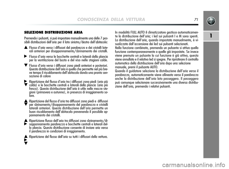 Alfa Romeo MiTo 2009 Libretto Uso Manutenzione (in Italian) CONOSCENZA DELLA VETTURA71
1
In modalità FULL AUTO il climatizzatore gestisce automaticamen-
te la distribuzione dell’aria; i led sui pulsanti I e M sono spenti.
La distribuzione dell’aria, quand Alfa Romeo MiTo 2009 Libretto Uso Manutenzione (in Italian) CONOSCENZA DELLA VETTURA71
1
In modalità FULL AUTO il climatizzatore gestisce automaticamen-
te la distribuzione dell’aria; i led sui pulsanti I e M sono spenti.
La distribuzione dell’aria, quand