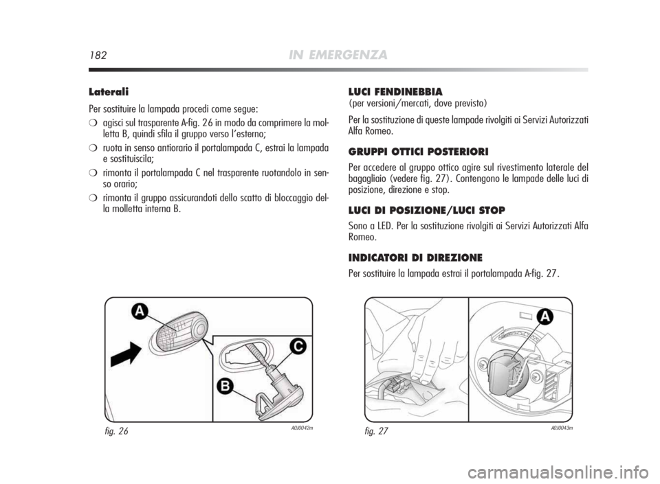 Alfa Romeo MiTo 2010 Libretto Uso Manutenzione (in Italian) 182IN EMERGENZA
Laterali
Per sostituire la lampada procedi come segue:
❍agisci sul trasparente A-fig. 26 in modo da comprimere la mol-
letta B, quindi sfila il gruppo verso l’esterno;
❍ruota in Alfa Romeo MiTo 2010 Libretto Uso Manutenzione (in Italian) 182IN EMERGENZA
Laterali
Per sostituire la lampada procedi come segue:
❍agisci sul trasparente A-fig. 26 in modo da comprimere la mol-
letta B, quindi sfila il gruppo verso l’esterno;
❍ruota in