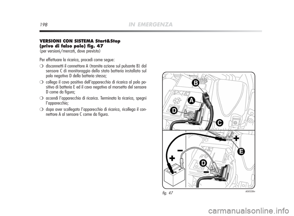Alfa Romeo MiTo 2010  Libretto Uso Manutenzione (in Italian) 198IN EMERGENZA
VERSIONICONSISTEMAStart&Stop
(privodi falso polo)fig.47
(per versioni/mercati, dove previsto)
Per effettuare la ricarica, procedi come segue:
❍disconnetti il connettore A (tramite az