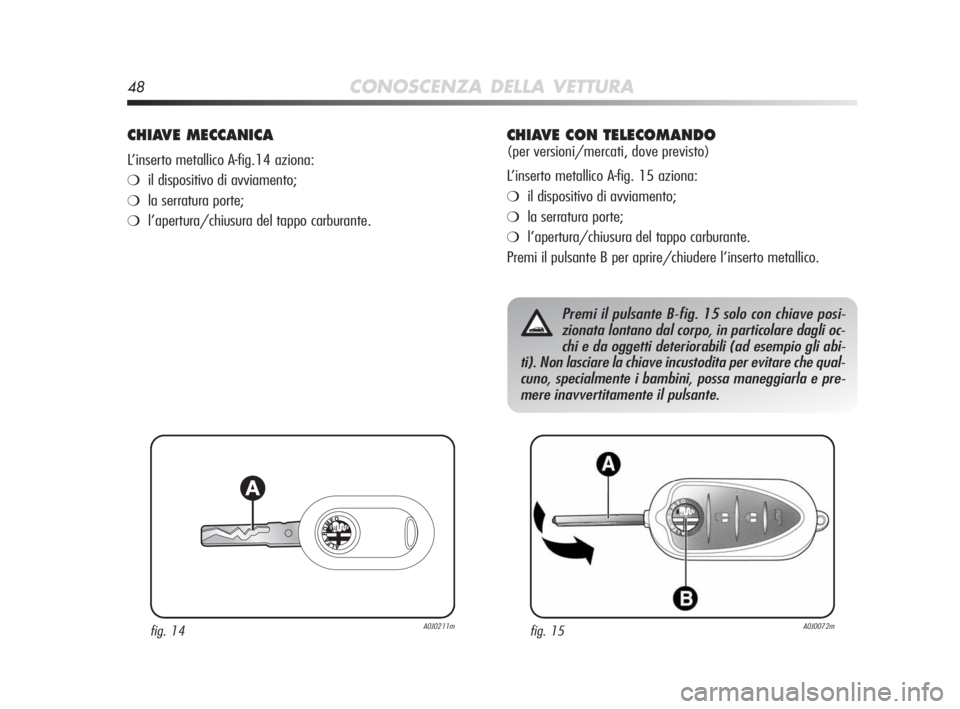 Alfa Romeo MiTo 2010  Libretto Uso Manutenzione (in Italian) 48CONOSCENZA DELLA VETTURA
CHIAVE MECCANICA 
L’inserto metallico A-fig.14 aziona:
❍il dispositivo di avviamento;
❍la serratura porte;
❍l’apertura/chiusura del tappo carburante.
fig. 14A0J021