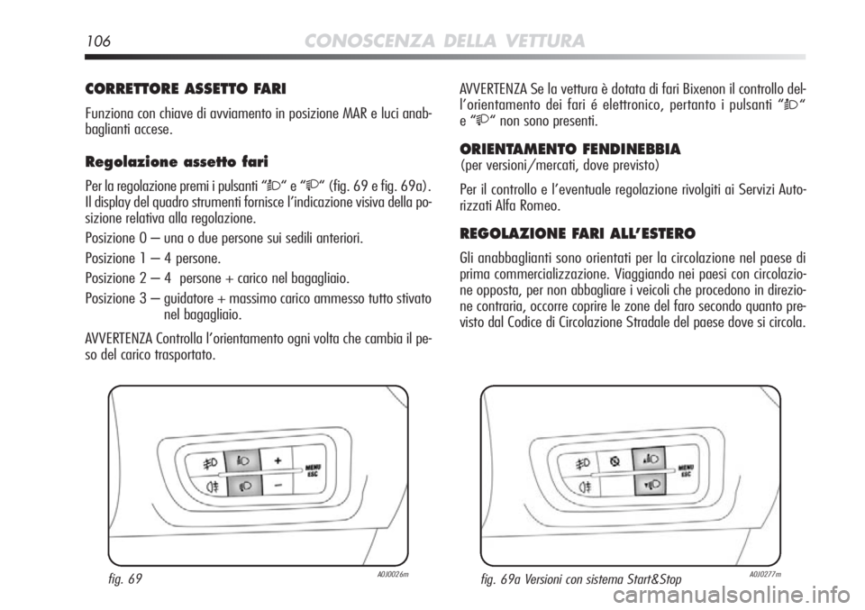 Alfa Romeo MiTo 2012 Libretto Uso Manutenzione (in Italian) 106CONOSCENZA DELLA VETTURA
CORRETTORE ASSETTO FARI
Funziona con chiave di avviamento in posizione MAR e luci anab-
baglianti accese.
Regolazione assetto fari
Per la regolazione premi i pulsanti “ Alfa Romeo MiTo 2012 Libretto Uso Manutenzione (in Italian) 106CONOSCENZA DELLA VETTURA
CORRETTORE ASSETTO FARI
Funziona con chiave di avviamento in posizione MAR e luci anab-
baglianti accese.
Regolazione assetto fari
Per la regolazione premi i pulsanti “