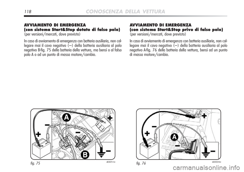 Alfa Romeo MiTo 2012  Libretto Uso Manutenzione (in Italian) 118CONOSCENZA DELLA VETTURA
AVVIAMENTO DI EMERGENZA 
(con sistema Start&Stop dotato di falso polo)
(per versioni/mercati, dove previsto)
In caso di avviamento di emergenza con batteria ausiliaria, non