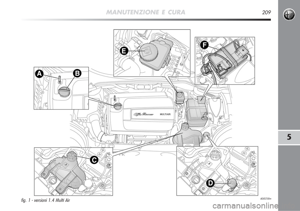 Alfa Romeo MiTo 2012  Libretto Uso Manutenzione (in Italian) MANUTENZIONE E CURA209
5
A0J0258mfig. 1 - versioni 1.4 Multi Air 