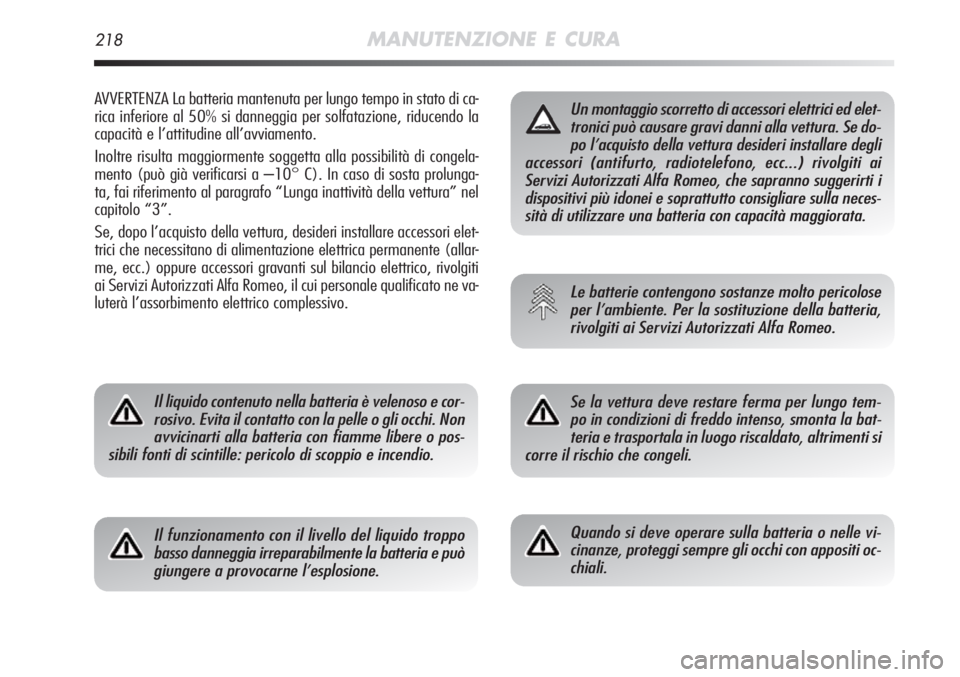 Alfa Romeo MiTo 2012 Libretto Uso Manutenzione (in Italian) 218MANUTENZIONE E CURA
AVVERTENZA La batteria mantenuta per lungo tempo in stato di ca-
rica inferiore al 50% si danneggia per solfatazione, riducendo la
capacità e l’attitudine all’avviamento.
I Alfa Romeo MiTo 2012 Libretto Uso Manutenzione (in Italian) 218MANUTENZIONE E CURA
AVVERTENZA La batteria mantenuta per lungo tempo in stato di ca-
rica inferiore al 50% si danneggia per solfatazione, riducendo la
capacità e l’attitudine all’avviamento.
I