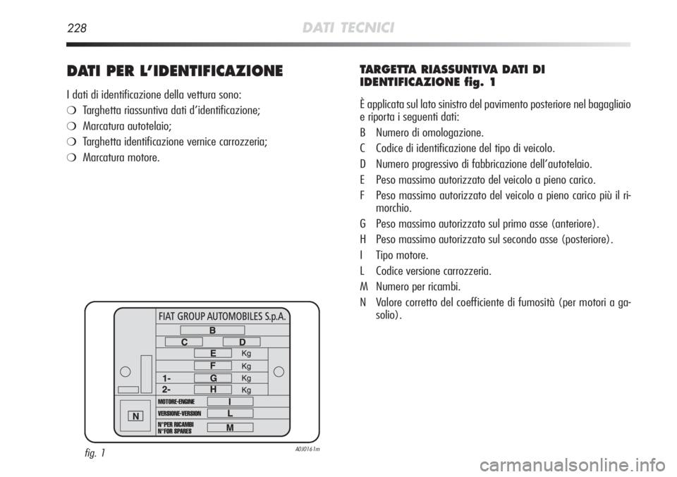 Alfa Romeo MiTo 2012  Libretto Uso Manutenzione (in Italian) 228DATI TECNICI
DATI PER L’IDENTIFICAZIONE
I dati di identificazione della vettura sono:
❍Targhetta riassuntiva dati d’identificazione;
❍Marcatura autotelaio;
❍Targhetta identificazione vern