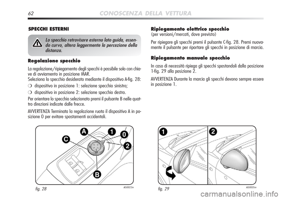 Alfa Romeo MiTo 2012 Libretto Uso Manutenzione (in Italian) 62CONOSCENZA DELLA VETTURA
Ripiegamento elettrico specchio
(per versioni/mercati, dove previsto)
Per ripiegare gli specchi premi il pulsante C-fig. 28. Premi nuova-
mente il pulsante per riportare gli Alfa Romeo MiTo 2012 Libretto Uso Manutenzione (in Italian) 62CONOSCENZA DELLA VETTURA
Ripiegamento elettrico specchio
(per versioni/mercati, dove previsto)
Per ripiegare gli specchi premi il pulsante C-fig. 28. Premi nuova-
mente il pulsante per riportare gli