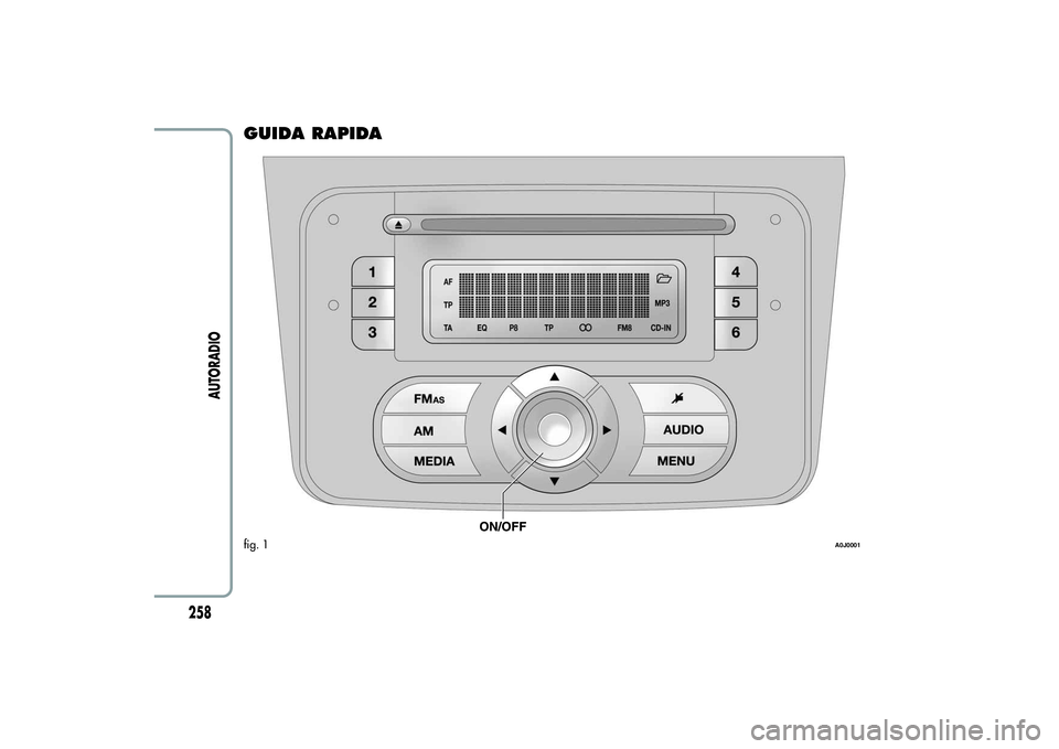 Alfa Romeo MiTo 2013  Libretto Uso Manutenzione (in Italian) GUIDA RAPIDAfig. 1
A0J0001
258
AUTORADIO 