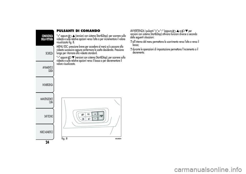 Alfa Romeo MiTo 2013  Libretto Uso Manutenzione (in Italian) PULSANTI DI COMANDO"+" oppure
(versioni con sistema Start&Stop): per scorrere sulla
videata e sulle relative opzioni verso l’alto o per incrementare il valore
visualizzato fig. 8.
MENU ESC: 