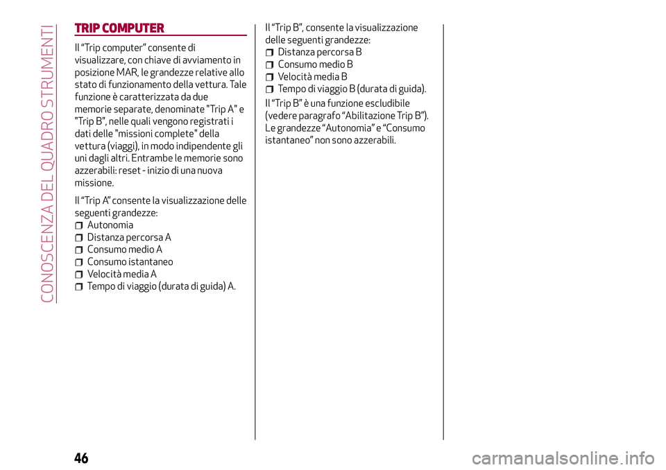 Alfa Romeo MiTo 2019 Libretto Uso Manutenzione (in Italian) TRIP COMPUTER
Il “Trip computer” consente di
visualizzare, con chiave di avviamento in
posizione MAR, le grandezze relative allo
stato di funzionamento della vettura. Tale
funzione è caratterizza Alfa Romeo MiTo 2019 Libretto Uso Manutenzione (in Italian) TRIP COMPUTER
Il “Trip computer” consente di
visualizzare, con chiave di avviamento in
posizione MAR, le grandezze relative allo
stato di funzionamento della vettura. Tale
funzione è caratterizza