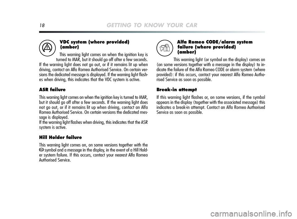 Alfa Romeo MiTo 2009  Owner handbook (in English) 18GETTING TO KNOW YOUR CAR
VDC system (where provided)
(amber)
This warning light comes on when the ignition key is
turned to MAR, but it should go off after a few seconds.
If the warning light does n