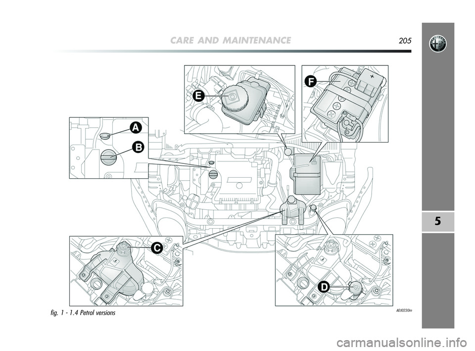Alfa Romeo MiTo 2009  Owner handbook (in English) CARE AND MAINTENANCE205
5
A0J0230mfig. 1 - 1.4 Petrol versions
197-220 Alfa MiTo GB  12-11-2008  15:42  Pagina 205 