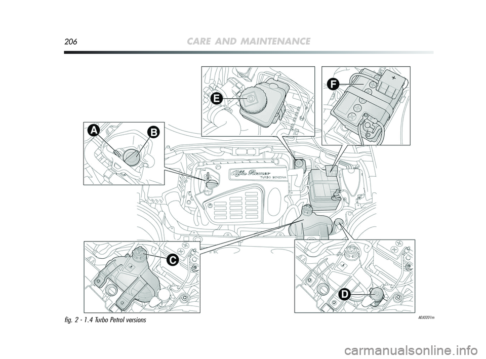 Alfa Romeo MiTo 2009  Owner handbook (in English) 206CARE AND MAINTENANCE
A0J0201mfig. 2 - 1.4 Turbo Petrol versions
197-220 Alfa MiTo GB  12-11-2008  15:42  Pagina 206 