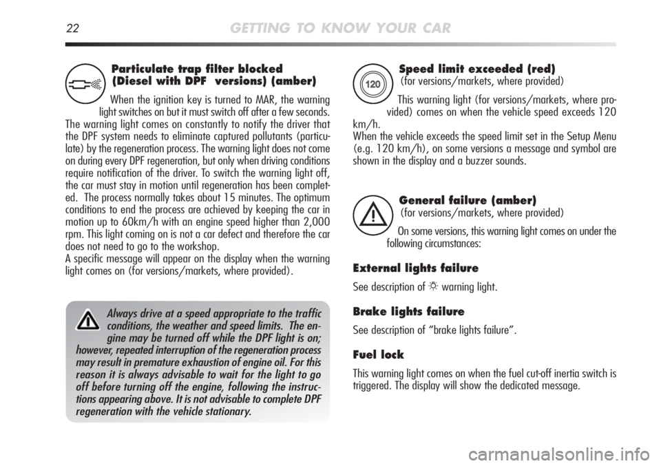 Alfa Romeo MiTo 2011 Owner handbook (in English) 22GETTING TO KNOW YOUR CAR
Speed limit exceeded (red)
(for versions/markets, where provided)
This warning light (for versions/markets, where pro-
vided) comes on when the vehicle speed exceeds 120
km/ Alfa Romeo MiTo 2011 Owner handbook (in English) 22GETTING TO KNOW YOUR CAR
Speed limit exceeded (red)
(for versions/markets, where provided)
This warning light (for versions/markets, where pro-
vided) comes on when the vehicle speed exceeds 120
km/