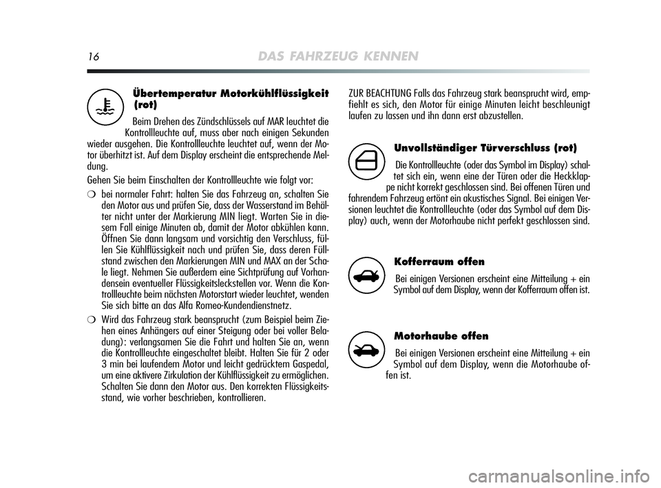 Alfa Romeo MiTo 2009 Betriebsanleitung (in German) 16DAS FAHRZEUG KENNEN
ZUR BEACHTUNG Falls das Fahrzeug stark beansprucht wird, emp-
fiehlt es sich, den Motor für einige Minuten leicht beschleunigt
laufen zu lassen und ihn dann erst abzustellen.Üb Alfa Romeo MiTo 2009 Betriebsanleitung (in German) 16DAS FAHRZEUG KENNEN
ZUR BEACHTUNG Falls das Fahrzeug stark beansprucht wird, emp-
fiehlt es sich, den Motor für einige Minuten leicht beschleunigt
laufen zu lassen und ihn dann erst abzustellen.Üb