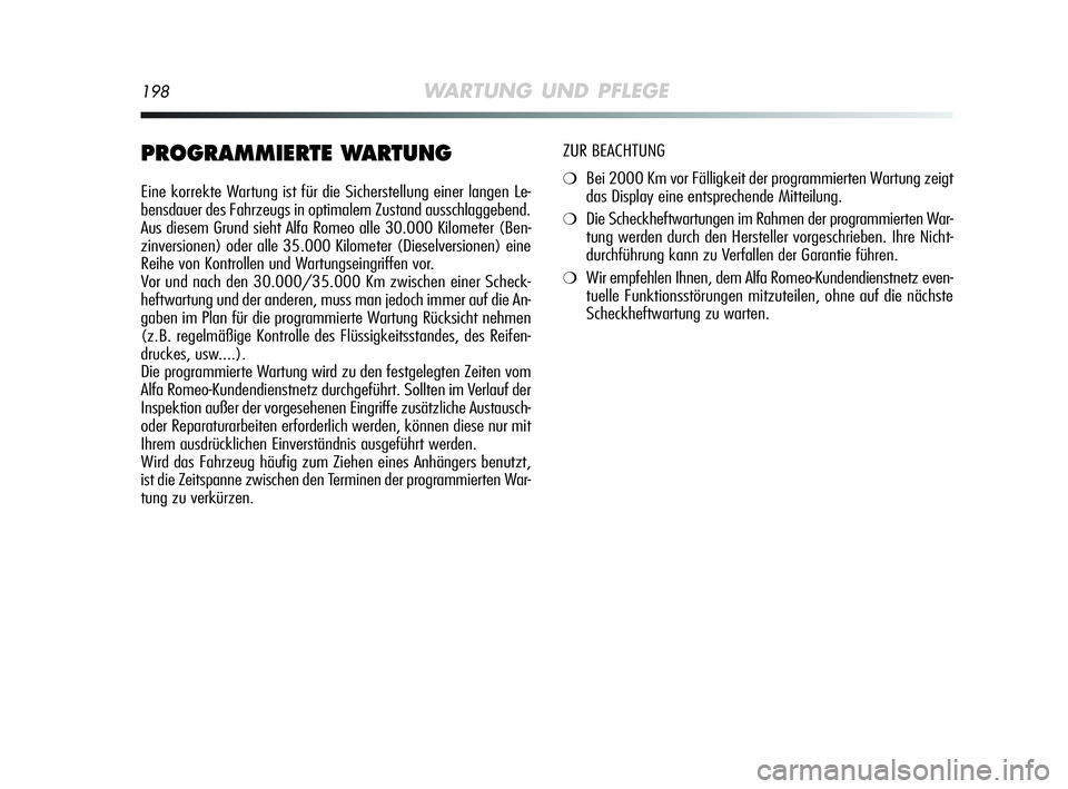 Alfa Romeo MiTo 2009 Betriebsanleitung (in German) 198WARTUNG UND PFLEGE
PROGRAMMIERTE WARTUNG
Eine korrekte Wartung ist für die Sicherstellung einer langen Le-
bensdauer des Fahrzeugs in optimalem Zustand ausschlaggebend.
Aus diesem Grund sieht Alfa Alfa Romeo MiTo 2009 Betriebsanleitung (in German) 198WARTUNG UND PFLEGE
PROGRAMMIERTE WARTUNG
Eine korrekte Wartung ist für die Sicherstellung einer langen Le-
bensdauer des Fahrzeugs in optimalem Zustand ausschlaggebend.
Aus diesem Grund sieht Alfa
