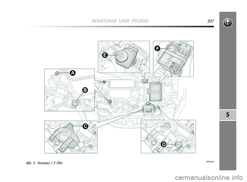 Alfa Romeo MiTo 2009  Betriebsanleitung (in German) WARTUNG UND PFLEGE207
5
A0J0326mAbb. 3 - Versionen 1.3 JTDM
197-220 Alfa MiTo D  13-11-2008  8:21  Pagina 207 
