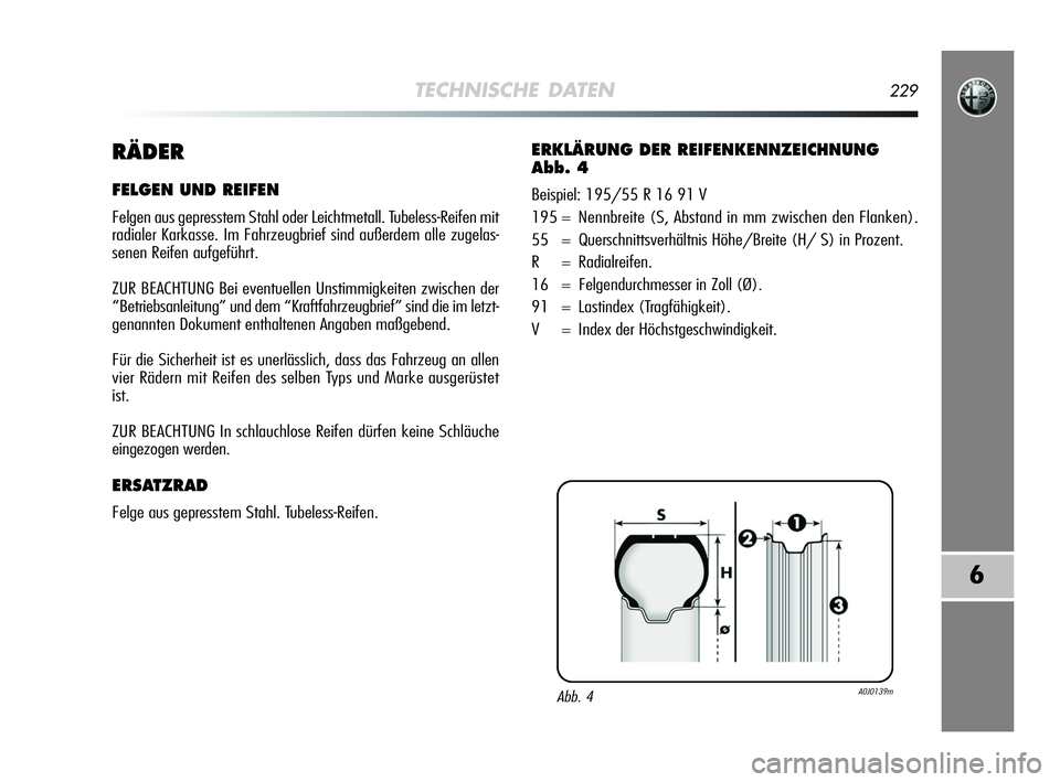 Alfa Romeo MiTo 2009 Betriebsanleitung (in German) TECHNISCHE DATEN229
6
RÄDER
FELGEN UND REIFEN
Felgen aus gepresstem Stahl oder Leichtmetall. Tubeless-Reifen mit
radialer Karkasse. Im Fahrzeugbrief sind außerdem alle zugelas-
senen Reifen aufgefü Alfa Romeo MiTo 2009 Betriebsanleitung (in German) TECHNISCHE DATEN229
6
RÄDER
FELGEN UND REIFEN
Felgen aus gepresstem Stahl oder Leichtmetall. Tubeless-Reifen mit
radialer Karkasse. Im Fahrzeugbrief sind außerdem alle zugelas-
senen Reifen aufgefü