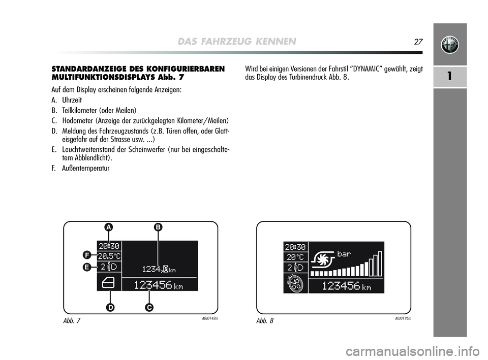Alfa Romeo MiTo 2009  Betriebsanleitung (in German) DAS FAHRZEUG KENNEN27
1
STANDARDANZEIGE DES KONFIGURIERBAREN
MULTIFUNKTIONSDISPLAYS Abb. 7
Auf dem Display erscheinen folgende Anzeigen:
A. Uhrzeit
B. Teilkilometer (oder Meilen)
C. Hodometer (Anzeige