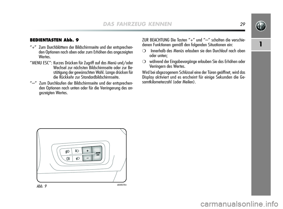 Alfa Romeo MiTo 2009  Betriebsanleitung (in German) DAS FAHRZEUG KENNEN29
1
BEDIENTASTEN Abb. 9
“+”  Zum Durchblättern der Bildschirmseite und der entsprechen-
den Optionen nach oben oder zum Erhöhen des angezeigten
Wertes.
“MENU ESC”: Kurzes