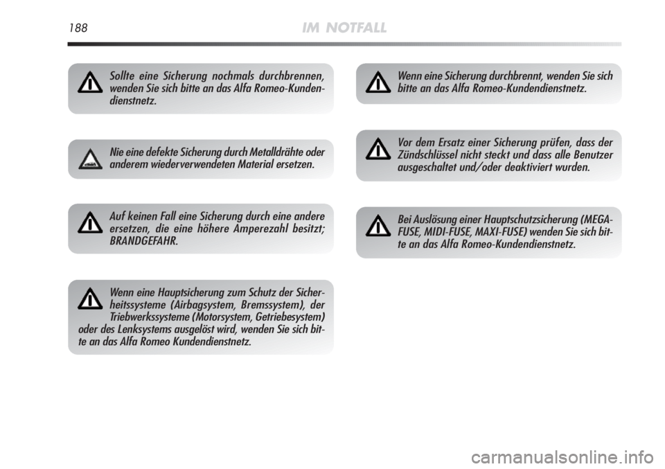Alfa Romeo MiTo 2011  Betriebsanleitung (in German) 188IM NOTFALL
Sollte eine Sicherung nochmals durchbrennen,
wenden Sie sich bitte an das Alfa Romeo-Kunden-
dienstnetz.
Nie eine defekte Sicherung durch Metalldrähte oder
anderem wiederverwendeten Mat