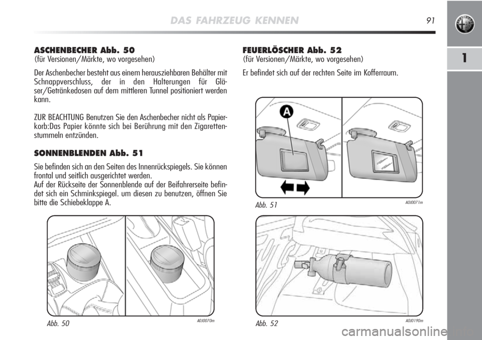 Alfa Romeo MiTo 2011  Betriebsanleitung (in German) DAS FAHRZEUG KENNEN91
1
ASCHENBECHER Abb. 50
(für Versionen/Märkte, wo vorgesehen)
Der Aschenbecher besteht aus einem herausziehbaren Behälter mit
Schnappverschluss, der in den Halterungen für Gl