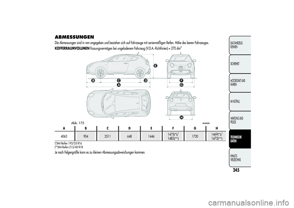 Alfa Romeo MiTo 2013  Betriebsanleitung (in German) ABMESSUNGENDie Abmessungen sind in mm angegeben und beziehen sich auf Fahrzeuge mit serienmäßigen Reifen. Höhe des leeren Fahrzeuges.
KOFFERRAUMVOLUMENFassungsvermögen bei ungeladenem Fahrzeug (V.