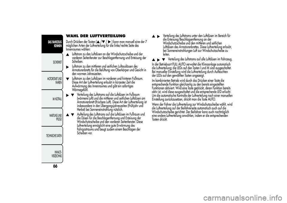 Alfa Romeo MiTo 2013 Betriebsanleitung (in German) WAHL DER LUFTVERTEILUNGDurch Drücken der Tasten (
/
/
) kann man manuell eine der 7
möglichen Arten der Luftverteilung für die linke/rechte Seite des
Innenraumes wählen:
Luftstrom zu den Luftdüse Alfa Romeo MiTo 2013 Betriebsanleitung (in German) WAHL DER LUFTVERTEILUNGDurch Drücken der Tasten (
/
/
) kann man manuell eine der 7
möglichen Arten der Luftverteilung für die linke/rechte Seite des
Innenraumes wählen:
Luftstrom zu den Luftdüse