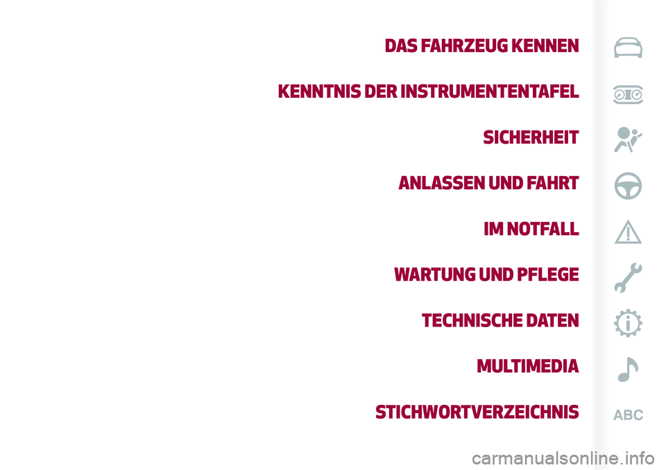 Alfa Romeo MiTo 2019  Betriebsanleitung (in German) DAS FAHRZEUG KENNEN
KENNTNIS DER INSTRUMENTENTAFEL
SICHERHEIT
ANLASSEN UND FAHRT
IM NOTFALL
WARTUNG UND PFLEGE
TECHNISCHE DATEN
MULTIMEDIA
STICHWORTVERZEICHNIS 