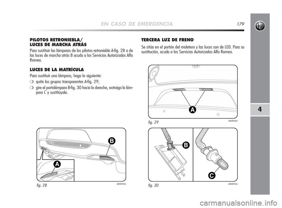 Alfa Romeo MiTo 2008  Manual de Empleo y Cuidado (in Spanish) EN CASO DE EMERGENCIA179
4
PILOTOS RETRONIEBLA/
LUCES DE MARCHA ATRÁS
Para sustituir las lámparas de los pilotos retroniebla A-fig. 28 o de
las luces de marcha atrás B acuda a los Servicios Autoriz