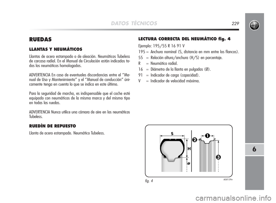 Alfa Romeo MiTo 2008 Manual de Empleo y Cuidado (in Spanish) DATOS TÉCNICOS229
6
RUEDAS
LLANTAS Y NEUMÁTICOS
Llantas de acero estampado o de aleación. Neumáticos Tubeless
de carcasa radial. En el Manual de Circulación están indicados to-
dos los neumátic Alfa Romeo MiTo 2008 Manual de Empleo y Cuidado (in Spanish) DATOS TÉCNICOS229
6
RUEDAS
LLANTAS Y NEUMÁTICOS
Llantas de acero estampado o de aleación. Neumáticos Tubeless
de carcasa radial. En el Manual de Circulación están indicados to-
dos los neumátic
