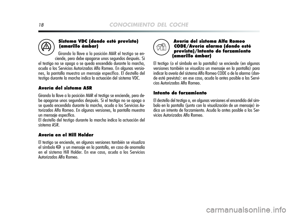 Alfa Romeo MiTo 2009 Manual de Empleo y Cuidado (in Spanish) 18CONOCIMIENTO DEL COCHE
Sistema VDC (donde esté previsto)
(amarillo ámbar)
Girando la llave a la posición MAR el testigo se en-
ciende, pero debe apagarse unos segundos después. Si
el testigo no Alfa Romeo MiTo 2009 Manual de Empleo y Cuidado (in Spanish) 18CONOCIMIENTO DEL COCHE
Sistema VDC (donde esté previsto)
(amarillo ámbar)
Girando la llave a la posición MAR el testigo se en-
ciende, pero debe apagarse unos segundos después. Si
el testigo no
