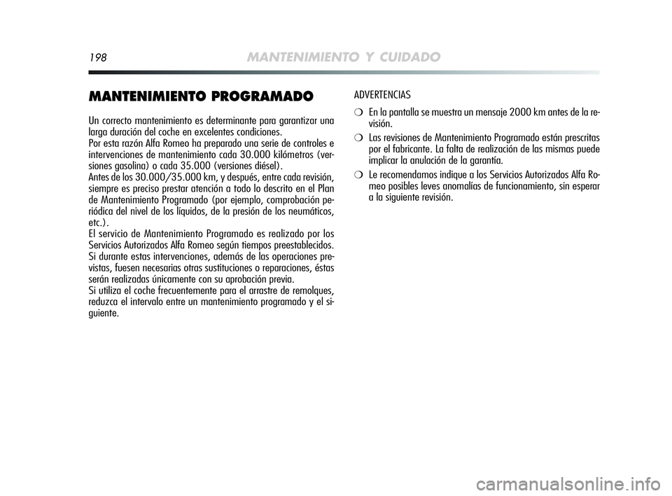Alfa Romeo MiTo 2009 Manual de Empleo y Cuidado (in Spanish) 198MANTENIMIENTO Y CUIDADO
MANTENIMIENTO PROGRAMADO
Un correcto mantenimiento es determinante para garantizar una
larga duración del coche en excelentes condiciones.
Por esta razón Alfa Romeo ha pre Alfa Romeo MiTo 2009 Manual de Empleo y Cuidado (in Spanish) 198MANTENIMIENTO Y CUIDADO
MANTENIMIENTO PROGRAMADO
Un correcto mantenimiento es determinante para garantizar una
larga duración del coche en excelentes condiciones.
Por esta razón Alfa Romeo ha pre