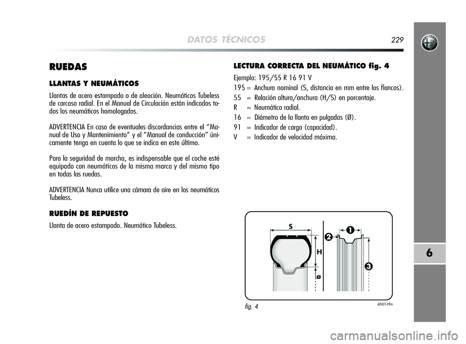 Alfa Romeo MiTo 2009 Manual de Empleo y Cuidado (in Spanish) DATOS TÉCNICOS229
6
RUEDAS
LLANTAS Y NEUMÁTICOS
Llantas de acero estampado o de aleación. Neumáticos Tubeless
de carcasa radial. En el Manual de Circulación están indicados to-
dos los neumátic Alfa Romeo MiTo 2009 Manual de Empleo y Cuidado (in Spanish) DATOS TÉCNICOS229
6
RUEDAS
LLANTAS Y NEUMÁTICOS
Llantas de acero estampado o de aleación. Neumáticos Tubeless
de carcasa radial. En el Manual de Circulación están indicados to-
dos los neumátic
