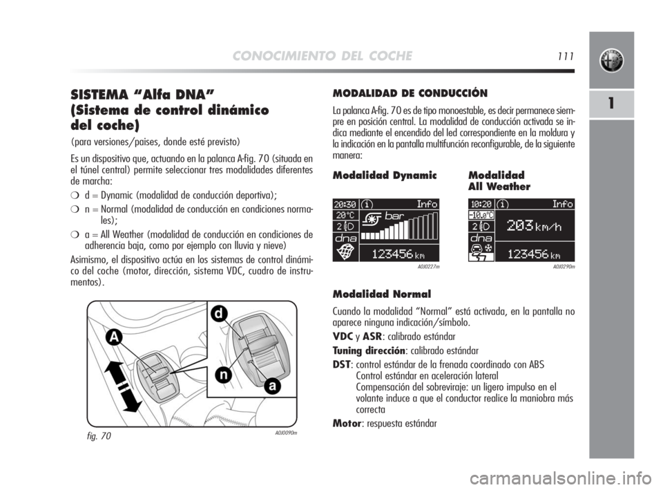 Alfa Romeo MiTo 2010 Manual de Empleo y Cuidado (in Spanish) CONOCIMIENTO DEL COCHE111
1SISTEMA “Alfa DNA”
(Sistema de control dinámico
del coche)
(para versiones/paises, donde esté previsto)
Es un dispositivo que, actuando en la palanca A-fig. 70 (situa Alfa Romeo MiTo 2010 Manual de Empleo y Cuidado (in Spanish) CONOCIMIENTO DEL COCHE111
1SISTEMA “Alfa DNA”
(Sistema de control dinámico
del coche)
(para versiones/paises, donde esté previsto)
Es un dispositivo que, actuando en la palanca A-fig. 70 (situa