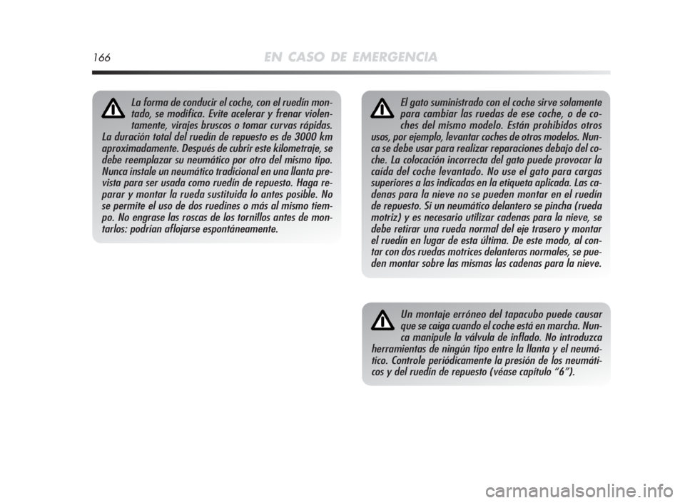 Alfa Romeo MiTo 2010 Manual de Empleo y Cuidado (in Spanish) 166EN CASO DE EMERGENCIA
El gato suministrado con el coche sirve solamente
para cambiar las ruedas de ese coche, o de co-
ches del mismo modelo. Están prohibidos otros
usos, por ejemplo, levantar coc Alfa Romeo MiTo 2010 Manual de Empleo y Cuidado (in Spanish) 166EN CASO DE EMERGENCIA
El gato suministrado con el coche sirve solamente
para cambiar las ruedas de ese coche, o de co-
ches del mismo modelo. Están prohibidos otros
usos, por ejemplo, levantar coc