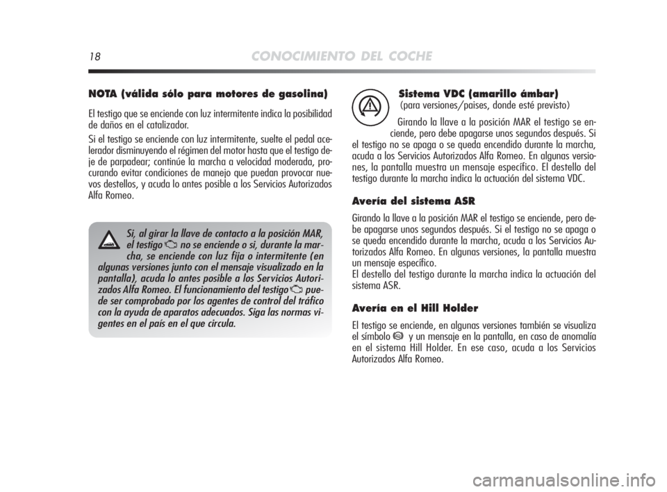 Alfa Romeo MiTo 2010 Manual de Empleo y Cuidado (in Spanish) 18CONOCIMIENTO DEL COCHE
Sistema VDC (amarillo ámbar)
(para versiones/paises, donde esté previsto)
Girando la llave a la posición MAR el testigo se en-
ciende, pero debe apagarse unos segundos desp Alfa Romeo MiTo 2010 Manual de Empleo y Cuidado (in Spanish) 18CONOCIMIENTO DEL COCHE
Sistema VDC (amarillo ámbar)
(para versiones/paises, donde esté previsto)
Girando la llave a la posición MAR el testigo se en-
ciende, pero debe apagarse unos segundos desp
