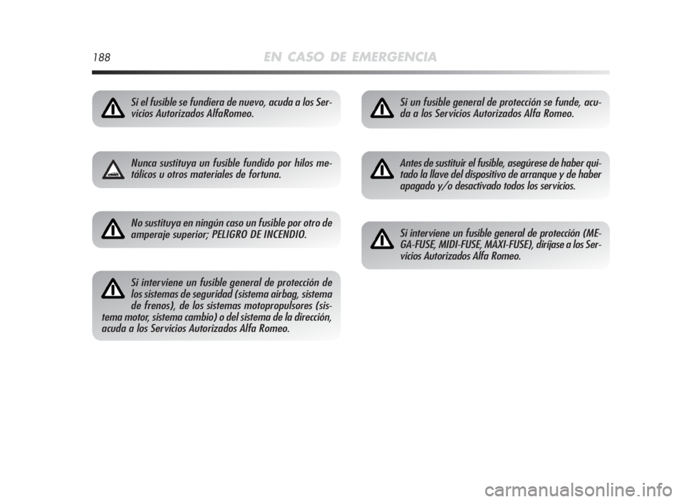 Alfa Romeo MiTo 2010 Manual de Empleo y Cuidado (in Spanish) 188EN CASO DE EMERGENCIA
Si el fusible se fundiera de nuevo, acuda a los Ser-
vicios Autorizados AlfaRomeo.
Nunca sustituya un fusible fundido por hilos me-
tálicos u otros materiales de fortuna.
No Alfa Romeo MiTo 2010 Manual de Empleo y Cuidado (in Spanish) 188EN CASO DE EMERGENCIA
Si el fusible se fundiera de nuevo, acuda a los Ser-
vicios Autorizados AlfaRomeo.
Nunca sustituya un fusible fundido por hilos me-
tálicos u otros materiales de fortuna.
No