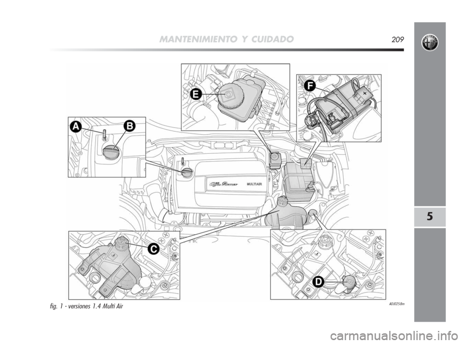 Alfa Romeo MiTo 2010  Manual de Empleo y Cuidado (in Spanish) MANTENIMIENTO Y CUIDADO209
5
A0J0258mfig. 1 - versiones 1.4 Multi Air
201-226 Alfa MiTo E 2ed:201-226 Alfa MiTo E  27-01-2010  11:44  Pagina 209 