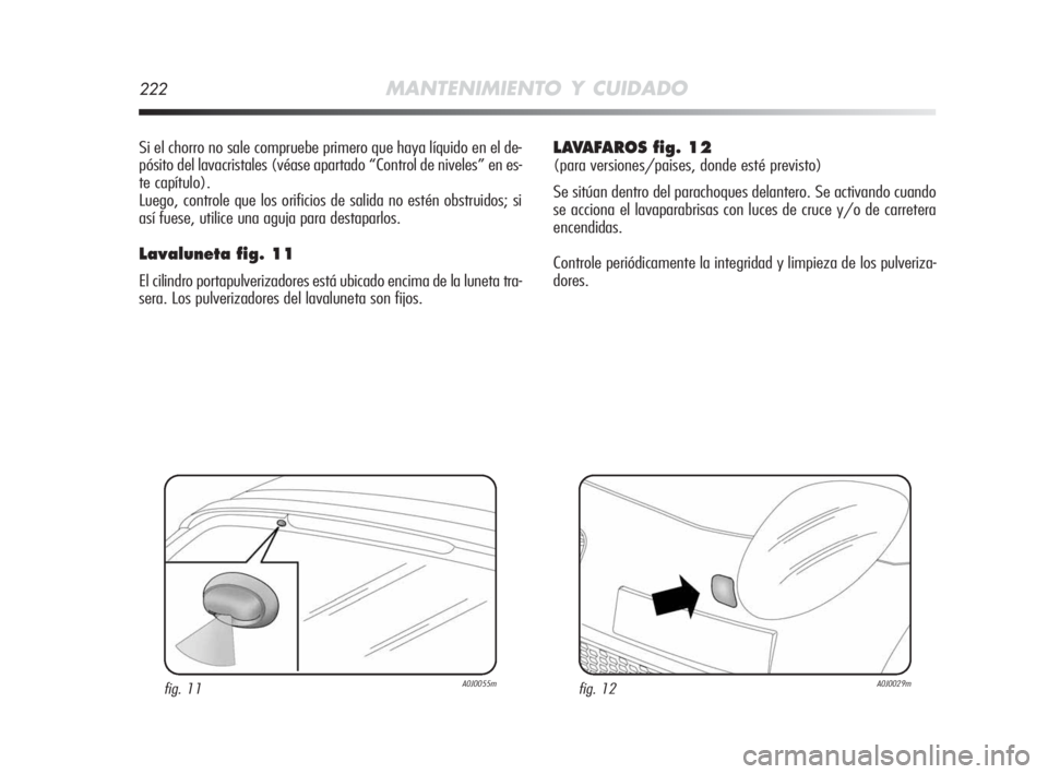 Alfa Romeo MiTo 2010  Manual de Empleo y Cuidado (in Spanish) 222MANTENIMIENTO Y CUIDADO
Si el chorro no sale compruebe primero que haya líquido en el de-
pósito del lavacristales (véase apartado “Control de niveles” en es-
te capítulo).
Luego, controle 