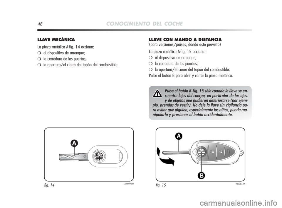 Alfa Romeo MiTo 2010  Manual de Empleo y Cuidado (in Spanish) 48CONOCIMIENTO DEL COCHE
LLAVE MECÁNICA
La pieza metálica A-fig. 14 acciona:
❍el dispositivo de arranque;
❍la cerradura de las puertas;
❍la apertura/el cierre del tapón del combustible.
fig. 