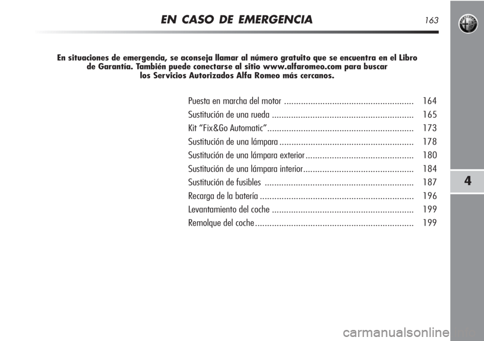 Alfa Romeo MiTo 2012 Manual de Empleo y Cuidado (in Spanish) EN CASO DE EMERGENCIA163
4
En situaciones de emergencia, se aconseja llamar al número gratuito que se encuentra en el Libro
de Garantía. También puede conectarse al sitio www.alfaromeo.com para bus Alfa Romeo MiTo 2012 Manual de Empleo y Cuidado (in Spanish) EN CASO DE EMERGENCIA163
4
En situaciones de emergencia, se aconseja llamar al número gratuito que se encuentra en el Libro
de Garantía. También puede conectarse al sitio www.alfaromeo.com para bus