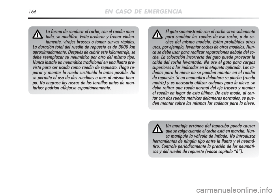 Alfa Romeo MiTo 2012 Manual de Empleo y Cuidado (in Spanish) 166EN CASO DE EMERGENCIA
El gato suministrado con el coche sirve solamente
para cambiar las ruedas de ese coche, o de co-
ches del mismo modelo. Están prohibidos otros
usos, por ejemplo, levantar coc Alfa Romeo MiTo 2012 Manual de Empleo y Cuidado (in Spanish) 166EN CASO DE EMERGENCIA
El gato suministrado con el coche sirve solamente
para cambiar las ruedas de ese coche, o de co-
ches del mismo modelo. Están prohibidos otros
usos, por ejemplo, levantar coc