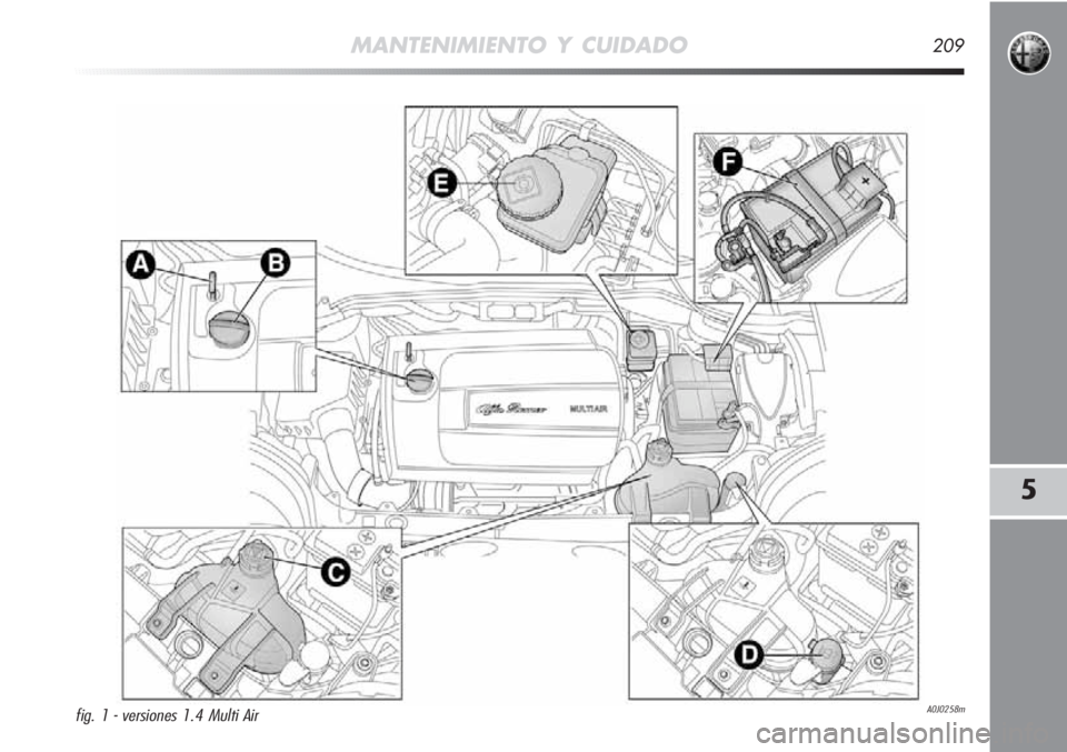 Alfa Romeo MiTo 2012  Manual de Empleo y Cuidado (in Spanish) MANTENIMIENTO Y CUIDADO209
5
A0J0258mfig. 1 - versiones 1.4 Multi Air 