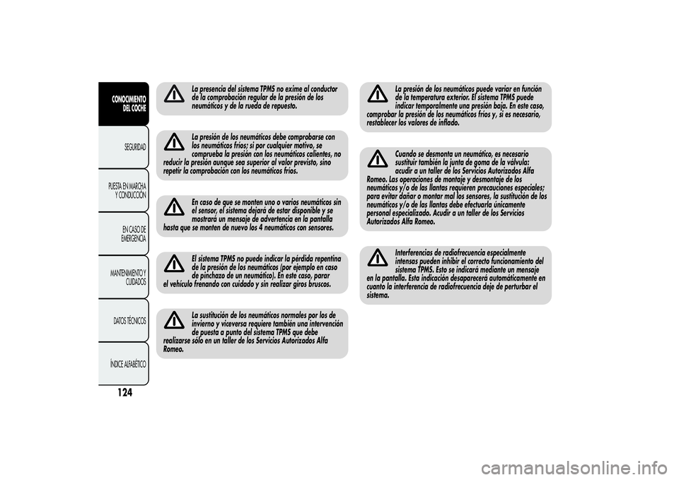 Alfa Romeo MiTo 2013 Manual de Empleo y Cuidado (in Spanish) La presencia del sistema TPMS no exime al conductor
de la comprobación regular de la presión de los
neumáticos y de la rueda de repuesto.La presión de los neumáticos debe comprobarse con
los neum Alfa Romeo MiTo 2013 Manual de Empleo y Cuidado (in Spanish) La presencia del sistema TPMS no exime al conductor
de la comprobación regular de la presión de los
neumáticos y de la rueda de repuesto.La presión de los neumáticos debe comprobarse con
los neum