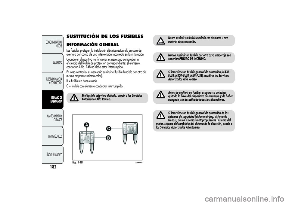 Alfa Romeo MiTo 2013 Manual de Empleo y Cuidado (in Spanish) SUSTITUCIÓN DE LOS FUSIBLESINFORMACIÓN GENERALLos fusibles protegen la instalación eléctrica actuando en caso de
avería o por causa de una intervención incorrecta en la instalación.
Cuando un d Alfa Romeo MiTo 2013 Manual de Empleo y Cuidado (in Spanish) SUSTITUCIÓN DE LOS FUSIBLESINFORMACIÓN GENERALLos fusibles protegen la instalación eléctrica actuando en caso de
avería o por causa de una intervención incorrecta en la instalación.
Cuando un d